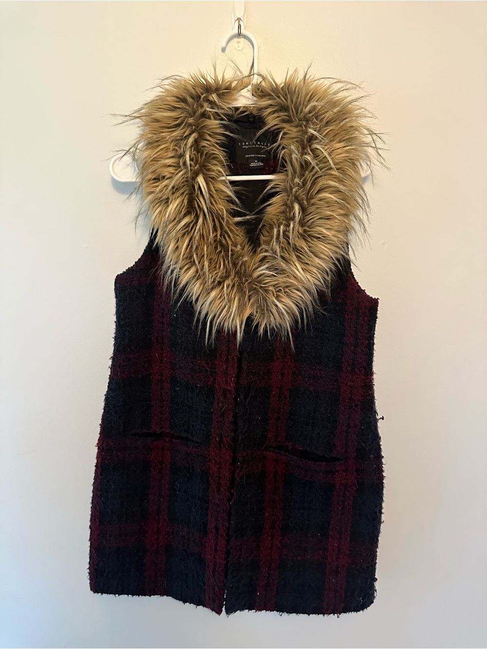 Sanctuary Plaid Longline Vest Faux Fur Collar Burgundy Navy Tweed Medium
